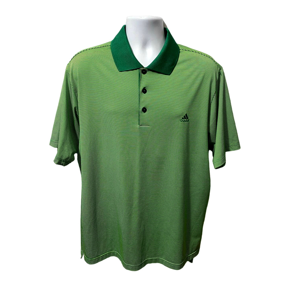 Adidas Polo Shirt Mens Large Green Striped Climalite Golf Rugby Casual